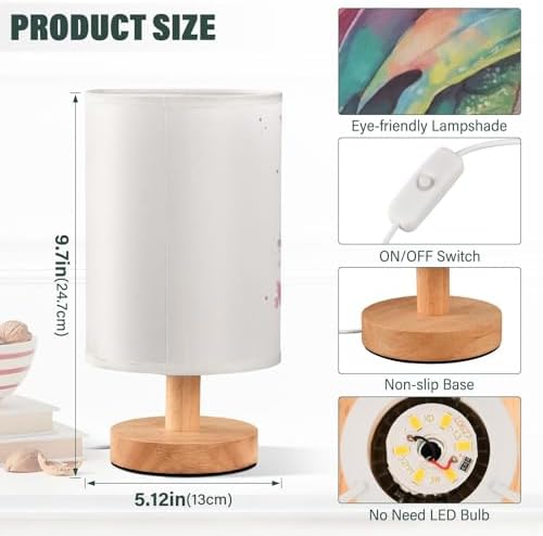 Bedside Lamp Watercolor Dragon Table Lamp for Bedroom LED Nightstand Lamp Shade USB Ports Wood Base for Living Room Dorm Office