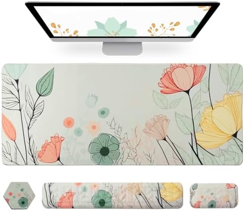 Petmolico 4-in-1 Wrist Rest Set with Desk Pad, Light Brown Big Flower