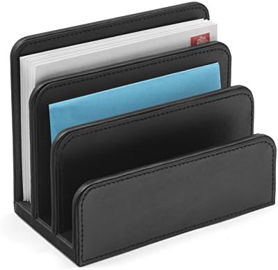 OSCO Black Faux Leather Letter Holder | Mail Sorter | Post Rack | Envelope Organiser | Document Stand | Desk File Storage | Display Slots | H14 x W17.5 D10 cm |