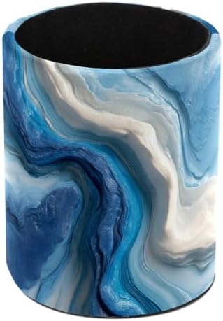 Leather Pen Holder for Desk, Blue and White Texture Pencil Cup Pen Organizer Makeup Brush Holder for Office Home Kids Countertop Desk Accessory Storage