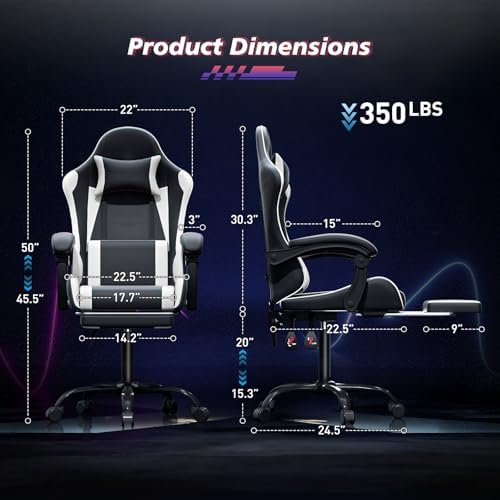 Magshion Gaming Chair for Adults, Ergonomic Computer Chair with Linkage Armrests, Height Adjustable Gamer Chair with Footrest and Headrest for Home Office, 350 Lbs Capacity, White