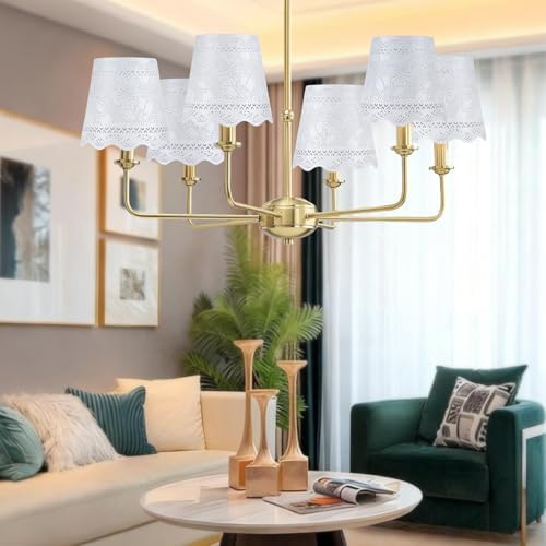 YISUN Chandelier Lampshades Set of 6, Small Metal Lamp Shade 3.9" Top x 5.9" Bottom x 5.5" High, Fit for Candelabra Bulbs, Clip-on Lamp Shades (Flower White)