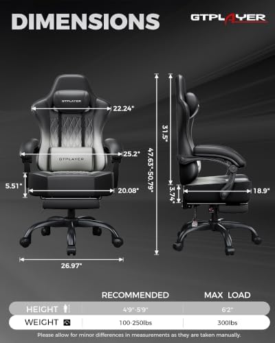 GTPLAYER Big and Tall Gaming Chair with Footrest, Ergonomic Office Desk Chair with 4.4in Thick Cushion and Wide Wingless Seat, Comfortable Leather Computer Chair, Predator Series, Gray Gradient