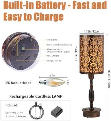 UMEXUS Cordless Table Lamp Rechargeable Battery Operated, Vintage Bronze