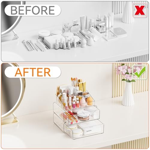 Yieach 3 Tier Clear Acrylic Makeup Organizers with Drawers,Tiered Countertop Make up Storage Organizer for Dresser Top and Bathroom Vanity,Plastic Makeup Stand for Brush,Skincare,Beauty Organizers