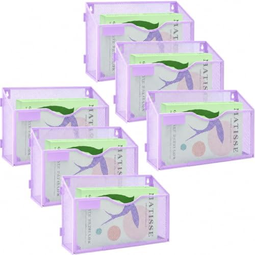 6 Packs 1 Tier A4 Mesh in Tray Hanging Wall File Holder Magazine Document Holder Mail Organiser Magazine Storage Rack,Durable Metal Mesh Filing Storage, Purple