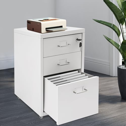 CNCEST 2-Drawer Vertical File Cabinet Metal Mobile Filing Cabinet with Lock Rolling File Drawer Cabinet Under Desk Sturdy Steel Storage Unit with Glide Drawers Lockable Wheels for Home Office (White)