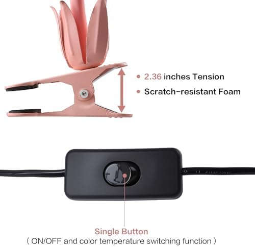 Clip On Light and Flower Bedside Table Lamp, Flexible Gooseneck Reading Book Light with 3 Color Modes, Night Light for Kids Nursery, Clip on for Desk, Bed Headboard, Dorm (Pink)