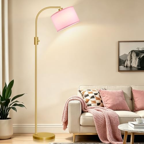 Nintiue Dimmable Floor Lamp, 1200 Lumens LED Edison Bulb Included, Arc Gold Floor Lamps for Living Room Modern Standing Lamp with Pink Linen Shade