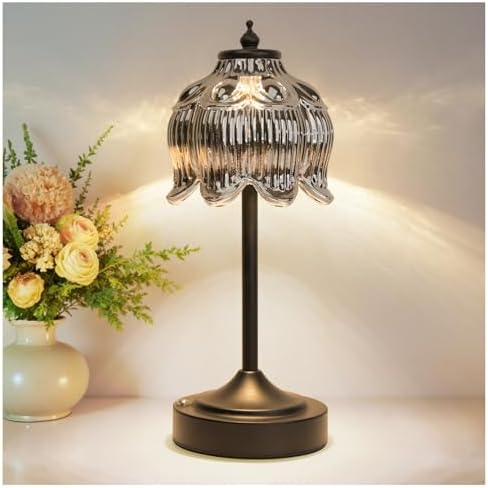 Cordless Table Lamp, Rechargeable Black Glass Lotus Flower Lamp