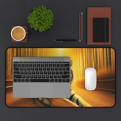 Tiger Stretching in a Golden Bamboo Grove - Premium Vibrant Colors Desk Mat