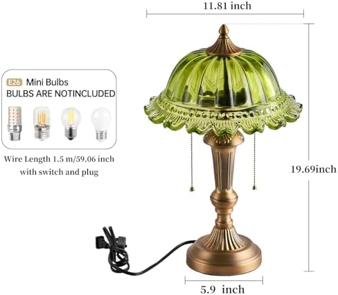 HDDFL Glass Shade Table Lamp Vintage Metal Desk Lamp 2 Lights Table Light with Plug Switch for Bedroom Living Room Home Office Brass and Green