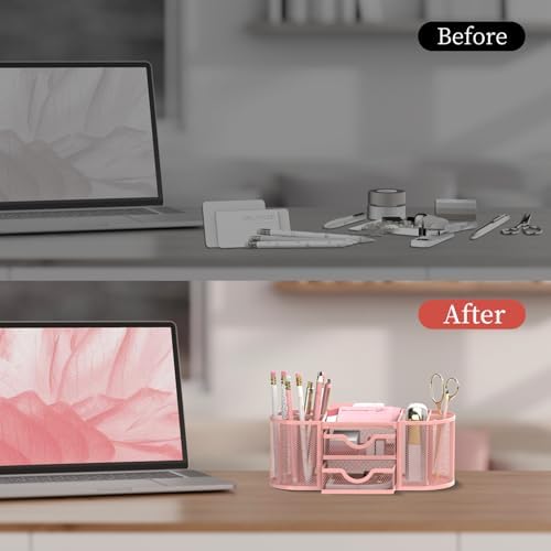 SUPEASY Mesh Desk Organizer, Pen Holder for Desk with 2 Drawers, Pink