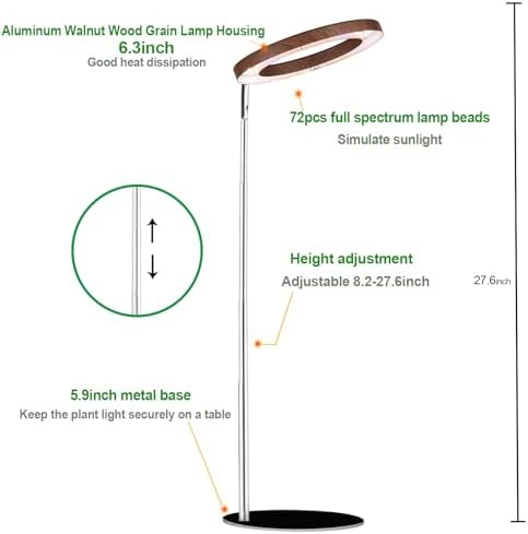 Yadoker 144 LEDs Plant Grow Light for Indoor Plant,Walnut Wood Grain Aluminum LED Grow Light with Black Base, Height Adjustable,6.3" Aluminum Housing,Automatic Timer with 8/12/16 Hours,2 Pack