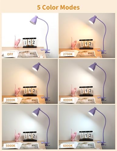 BOHON Desk Lamp with Clamp Clip on Light 5 Color 10 Brightness Lilac Purple