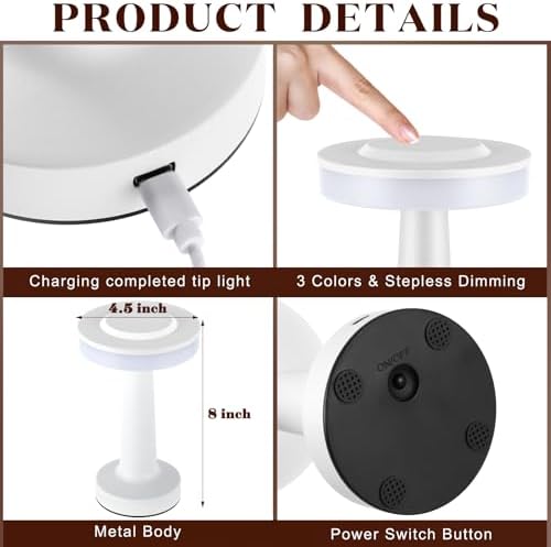 Riakrum 2 Pcs LED Cordless Table Lamp Bulk Rechargeable,White