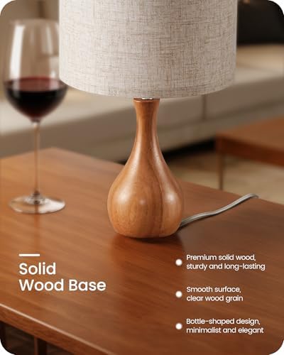 Wood Table Lamps Set of 2, Small Bedside Lamps Set of 2, Beige Linen Lampshade & Dark Pearwood Base, 14.2" Small Table Lamp, Nightstand Lamps for Bedroom, Small Space, E26 Socket, LE09TLP205
