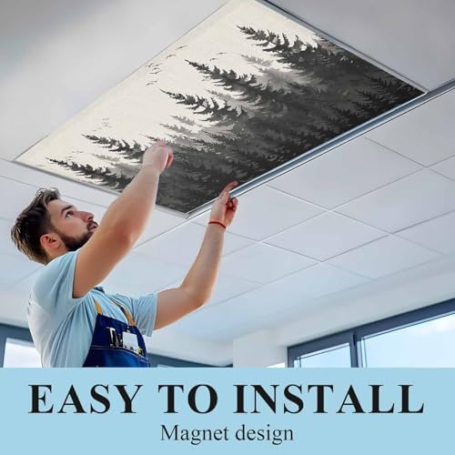 Forest Birds Magnetic Fluorescent Light Covers for Ceiling Lights 2 x 4 Feet,Vintage Pine Tree Animal Landscape Beige Office Classroom Kitchen Drop Ceiling Light Covers Filters Shade Panel 2 Packs
