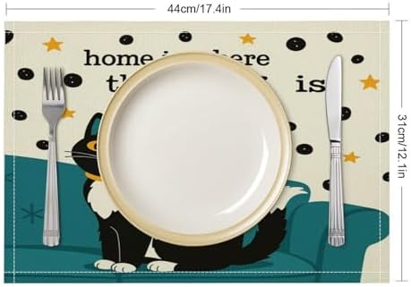 Home is Where The Cat is Linen Placemats Set of 4PCS, Heat Resistant Non-Slip Washable Table Placemats for Dining Everyday Use Hotel Banquet Home Decor