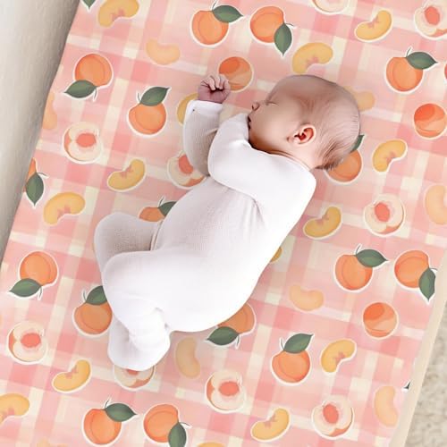Summer Peaches Leaves Checkered Pattern Baby Changing Pad Cover, Unisex Fruits Nursery Diaper Changing Table Pad Mat Sheet for Boys Girls-16x32