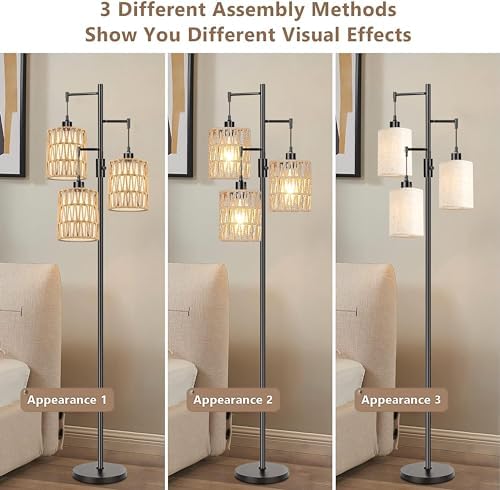 ZECOXOL Boho Floor Lamp for Living Room Bedroom-3 Light Dimmable Floor Lamp with Three Led Bulb, Rustic Tall Lamp Black Standing Lamp Tree Floor Lamps for Living Room Bedroom,Office,Corner