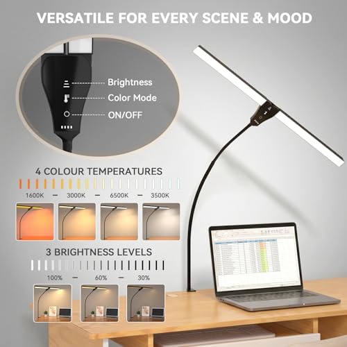 Lustaled 27″ Double Head LED Desk Lamp with Clamp for Office 10W Dimmable