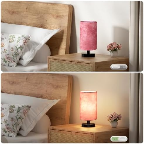 Fenmzee Small Table Lamps(Pink Shade - Black Base, 9" Inline Control)