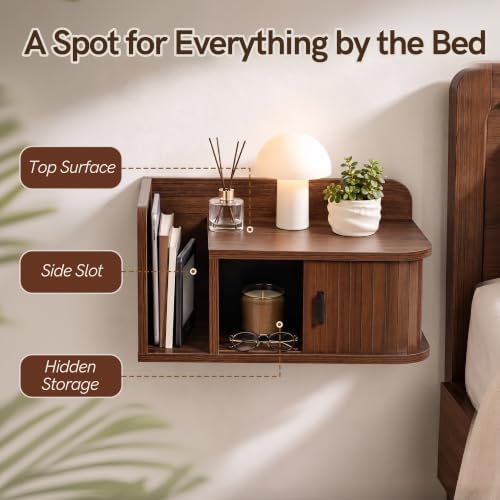 Floating Nightstand Set of 2 Walnut Bedside Table with Open Shelf