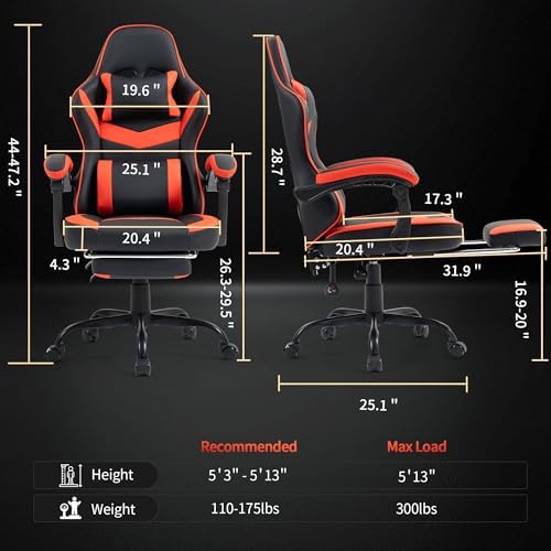 Gaming Chair with Footrest for Adults - Ergonomic Gaming Chairs with Foot Rest - Big and Tall Computer Game Chair - PU Leather Reclining Video Game Chairs with Spring Cushion - Black/Red