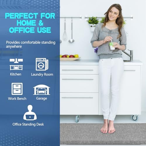 Anti Slip 7/8 inchs Anti Fatigue Kitchen Floor Mat, Ergonomic Comfort Standing Mat, Waterproof Kitchen Runner for Home, Kitchen, Office, Laundry, Garage (Light Gray, 17.3" x 95" -0.87")