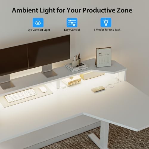 Agilestic 63*35 Inch L Shaped Standing Desk with Shelf & Led& Outlet, White