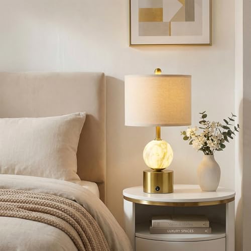 Oneach 20.5" Small Bedside Table Lamps for Bedroom Nightstands, Gold Glass Modern Table Lamps Set of 2 with USB A+C Charging Port, Night Light, Luxury Lamps for Living Room End Table(Bulbs Included)