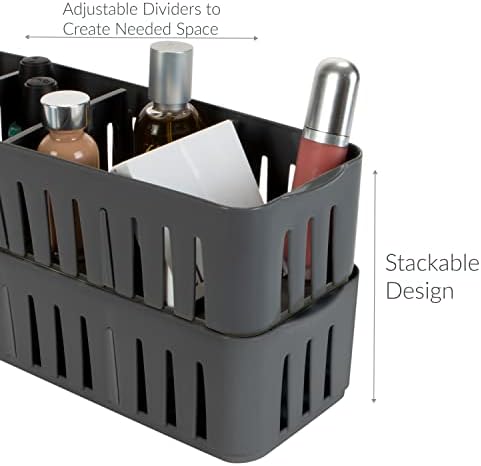 Simplify 2 Pack 4 Compartment Stackable Bin with Adjustable Dividers | Drawer Organizer | Storage Basket | Good for Office | Desk Supplies | Dorm |Bathroom | Accessories | Make Up | Grey