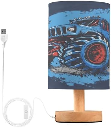 Bedside Lamp Truck Table Lamp for Bedroom LED Nightstand Lamp Shade USB Ports Wood Base for Living Room Dorm Office
