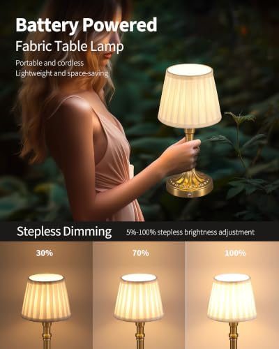 KDG Gold Cordless Portables Table Lamp, Beige Fabric Shade Small Desk Lamp
