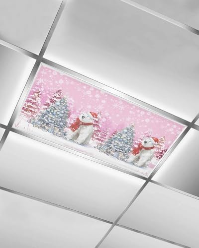 Pink Christmas Magnetic Fluorescent Light Covers for Ceiling Lights 2 x 4 Feet,Snowflakes Retro Snowy Xmas Tree Bear Office Classroom Kitchen Drop Ceiling Light Covers Filters Shade Panel 1 Pack