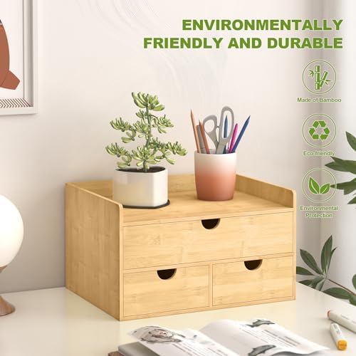 Bamboo Desk Drawer Organizer, Large Desktop Organizer with Drawers Tabletop Storage Organization Box for Office Home Toiletries Supplies Vanity, No Assembly Required (3 Drawer with Shelf)