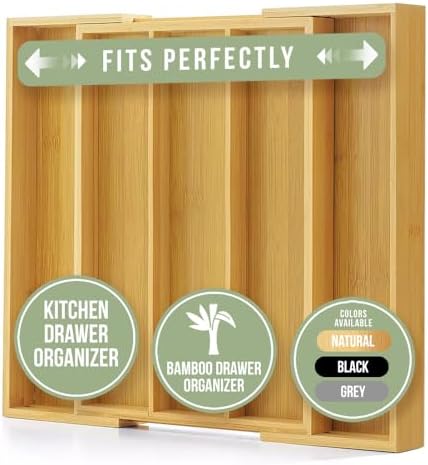 Purawood Kitchen Drawer Organizer - Expandable Utensil Drawer Organizer for Kitchen, Cutlery Tray & Silverware Organizer, 3-5 Slots - Bamboo Organizer for Utensils & Flatware (Natural)