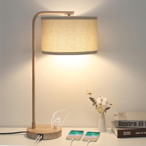 Farmhouse Table Lamp, Fully Dimmable Tall Bedisde Lamp with USB C+A Ports