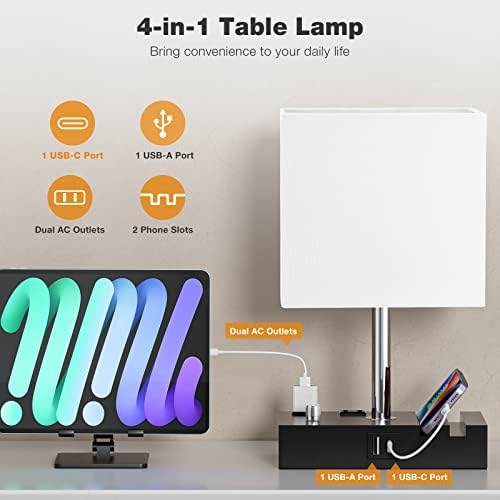 White Bedside Table Lamps Set of 2 - Dimmable, USB C+A, 2 AC Outlets