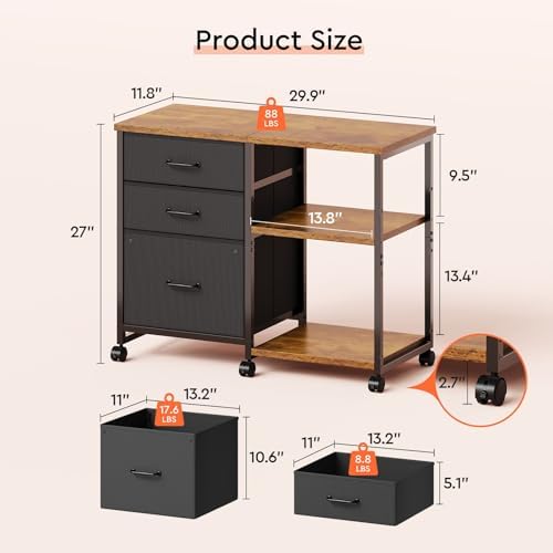 Maihail 3 Drawer File Cabinet with Wheels Rolling Printer Stand with Open Storage Shelf Fabric Lateral Filing Cabinet for Home Office,Rustic Brown