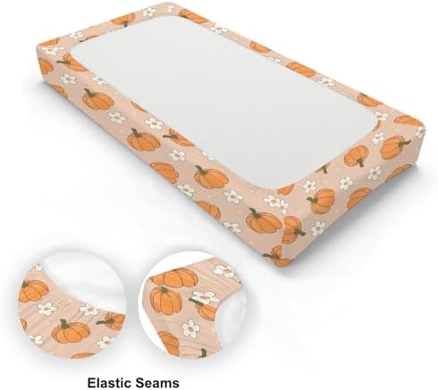 Cartoon Pumpkin Floral Flowers Pattern Baby Changing Pad Cover, Unisex Fall Theme Nursery Diaper Changing Table Pad Mat Sheet for Boys Girls-16x32