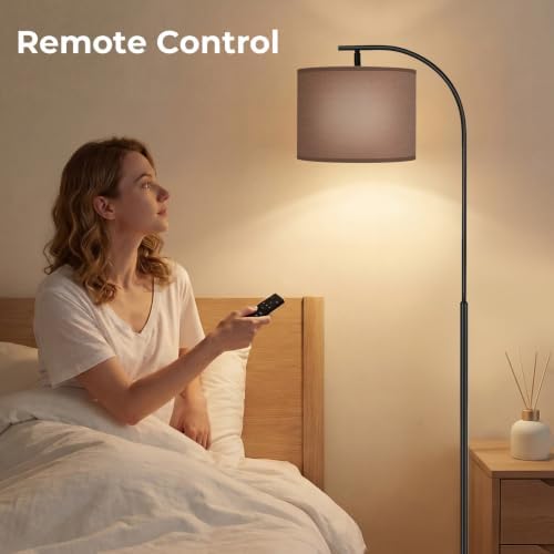 SIBRILLE Floor Lamp with Linen Shade, Arc Dimmable Tall Standing Lamp with Remote Control, Modern Floor Reading Light for Living Room Bedroom Office Corner, 9W LED Bulb Included