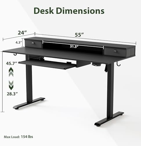 Agilestic 55 Inch Standing Desk with Drawers & Keyboard Tray, Black