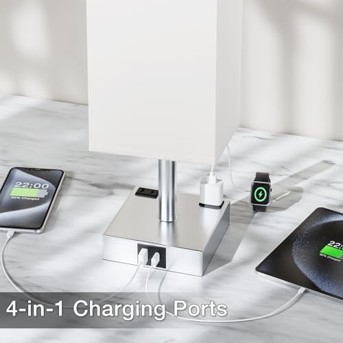 White Touch Table Lamp for Bedroom - Dimmable, USB C+A, 2 AC Outlets