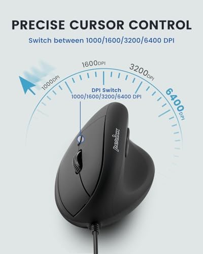 Perixx PERIMICE-508II Wired Vertical Ergonomic Mouse - 6 Buttons, Adjustable DPI 1000/1600/3200/6400, Optical Sensor, USB Plug and Play, Right-Handed, Black