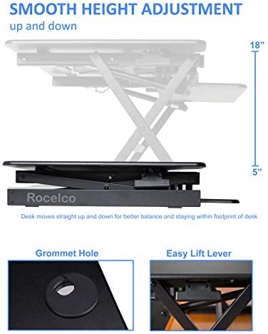 Rocelco 32" Height Adjustable Standing Desk Converter BUNDLE - Sit Stand Computer Workstation Riser with Anti Fatigue Mat - Dual Monitor Retractable Keyboard Tray Gas Spring - Black (R EADRB-MAFM)