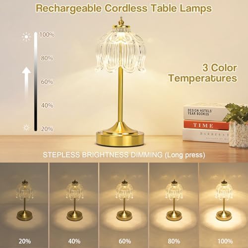 Cordless Table Lamp, Rechargeable Clear Glass Lotus Flower Lamp
