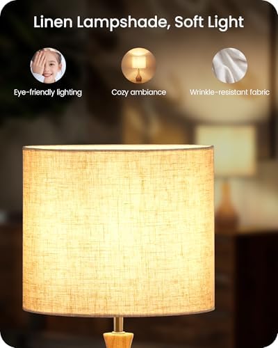 Small Table Lamp, Wood Desk Lamp with Beige Linen Lampshade & Natural Wood Bottle-Shaped Base, Modern Bedside Lamp with Cable, E26 Base, Bulb Not Included, for Bedroom, Kid's Room, ME09TL05