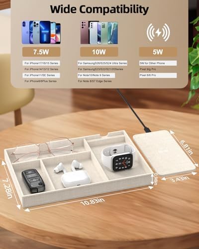 Valet Tray with Wireless Charger, Nightstand Organizer & Catchall Tray for Phone, Keys, Glasses and Accessories, Premium Linen, Stylish Desk & Bedside Storage Station